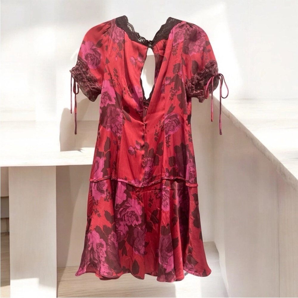 Free people Jos Red Floral, Emperor Waist, Size Small, Mini Nude Lined Dress - Picture 3 of 5